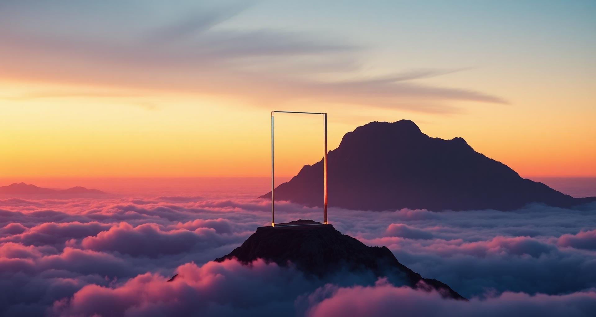 A single plexiglass frame standing on a mountain peak above golden sunset clouds